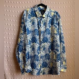 Club Room Luxury Linen Floral Tropical‎ Long Sleeve Button Up Sz XXL Blue Yellow